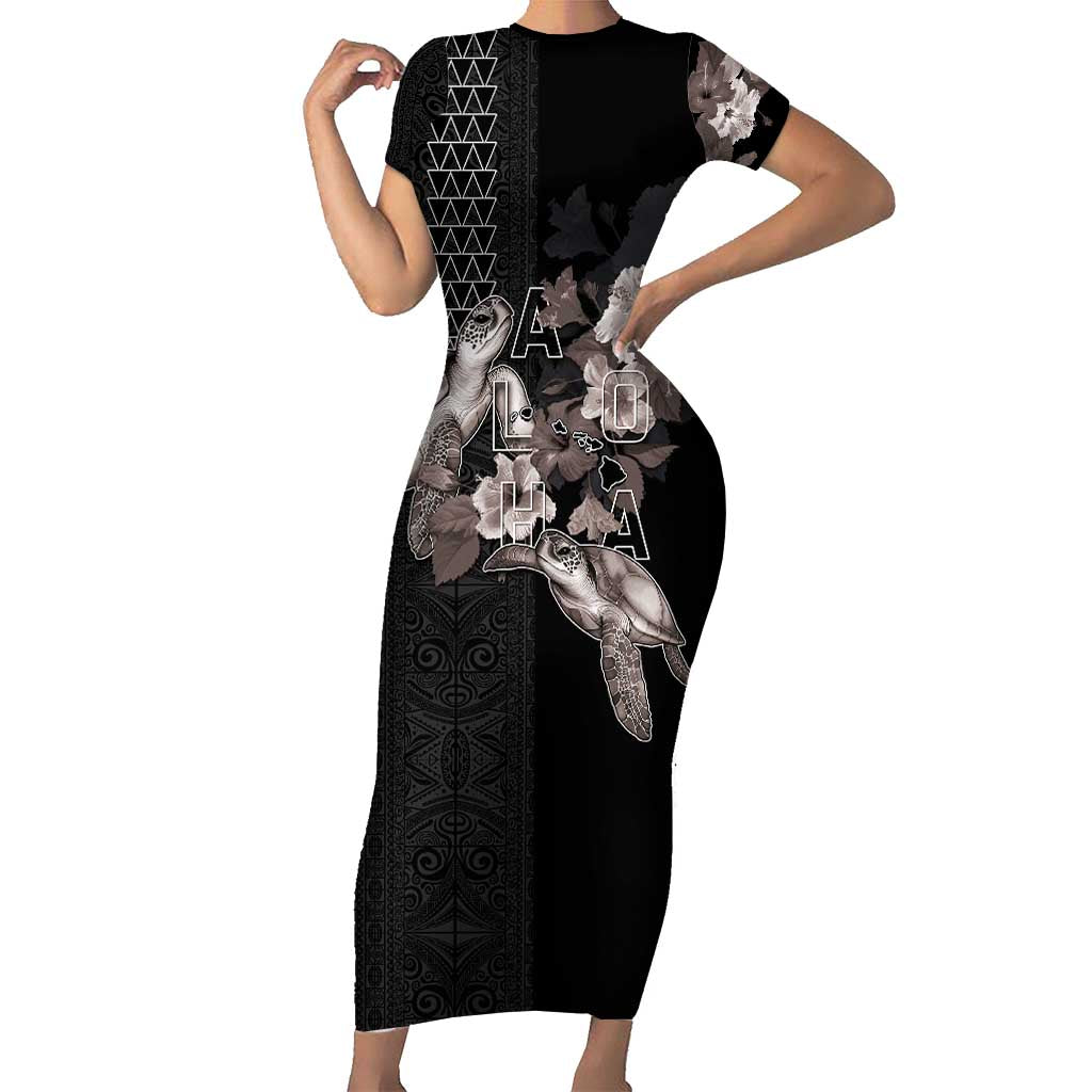 Hawaii Aloha Turtle Hibiscus and Leaves Family Matching Short Sleeve Bodycon Dress and Hawaiian Shirt with Polynesian and Kakau Tattoos Black Color LT03 Mom's Dress Black - Polynesian Pride