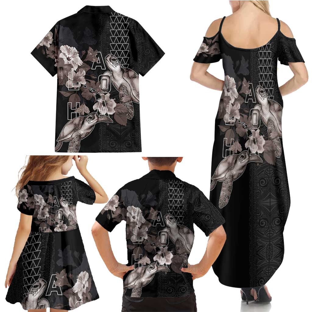 Hawaii Aloha Turtle Hibiscus and Leaves Family Matching Summer Maxi Dress and Hawaiian Shirt with Polynesian and Kakau Tattoos Black Color LT03 - Polynesian Pride