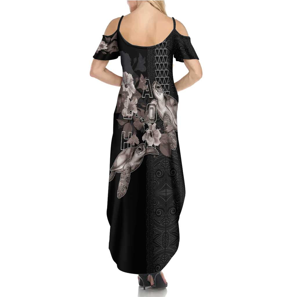 Hawaii Aloha Turtle Hibiscus and Leaves Family Matching Summer Maxi Dress and Hawaiian Shirt with Polynesian and Kakau Tattoos Black Color LT03 - Polynesian Pride