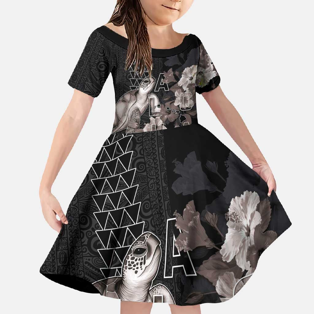 Hawaii Aloha Turtle Hibiscus and Leaves Family Matching Tank Maxi Dress and Hawaiian Shirt with Polynesian and Kakau Tattoos Black Color LT03 Daughter's Dress Black - Polynesian Pride