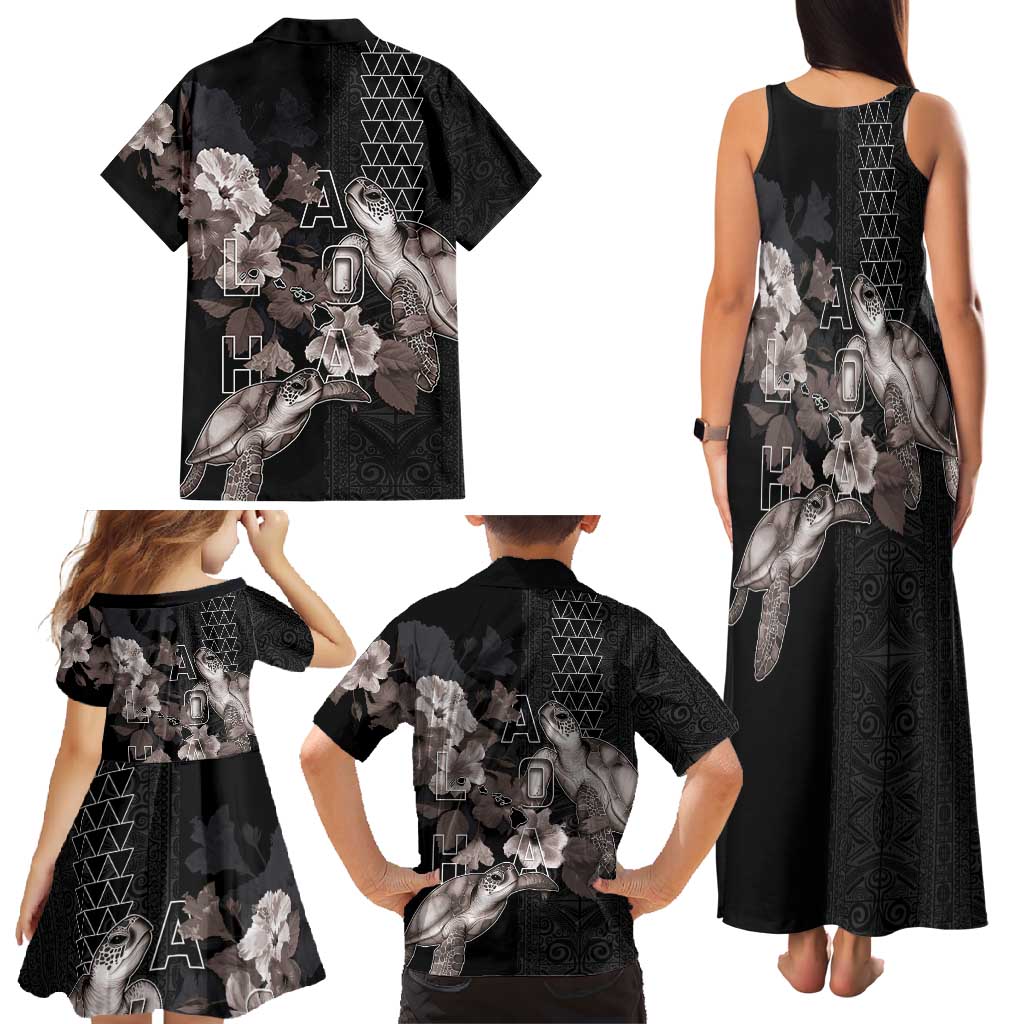 Hawaii Aloha Turtle Hibiscus and Leaves Family Matching Tank Maxi Dress and Hawaiian Shirt with Polynesian and Kakau Tattoos Black Color LT03 - Polynesian Pride
