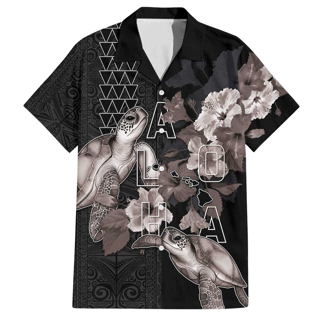 Hawaii Aloha Turtle Hibiscus and Leaves Family Matching Tank Maxi Dress and Hawaiian Shirt with Polynesian and Kakau Tattoos Black Color LT03 Dad's Shirt - Short Sleeve Black - Polynesian Pride