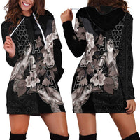 Hawaii Aloha Turtle Hibiscus and Leaves Hoodie Dress with Polynesian and Kakau Tattoos Black Color LT03 - Polynesian Pride
