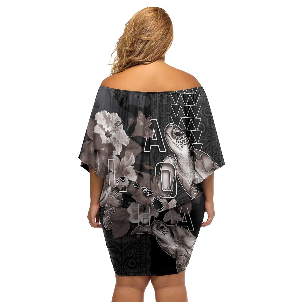 Hawaii Aloha Turtle Hibiscus and Leaves Off Shoulder Short Dress with Polynesian and Kakau Tattoos Black Color - Polynesian Pride