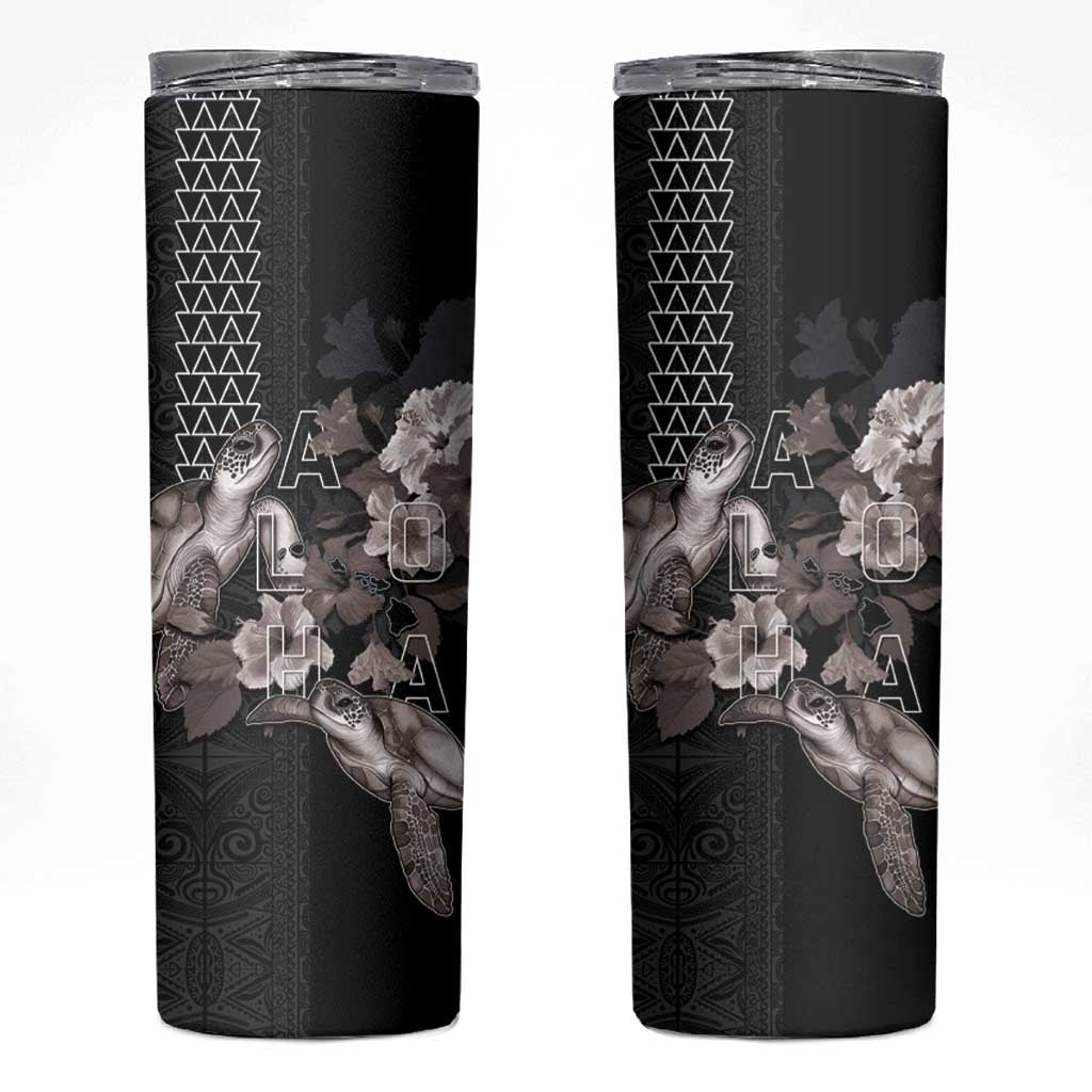 Hawaii Aloha Turtle Hibiscus and Leaves Skinny Tumbler with Polynesian and Kakau Tattoos Black Color LT03 Black - Polynesian Pride