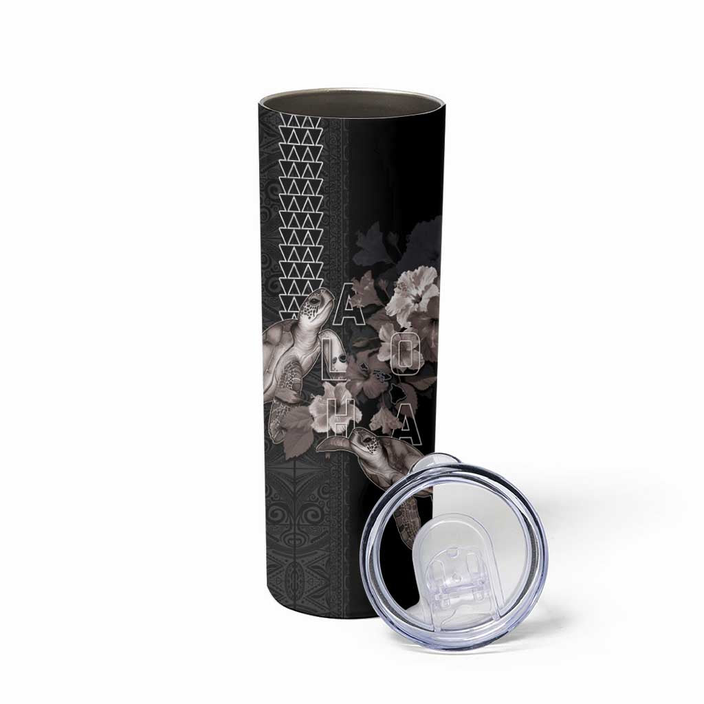 Hawaii Aloha Turtle Hibiscus and Leaves Skinny Tumbler with Polynesian and Kakau Tattoos Black Color LT03 - Polynesian Pride
