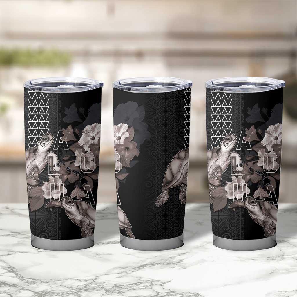 Hawaii Aloha Turtle Hibiscus and Leaves Tumbler Cup with Polynesian and Kakau Tattoos Black Color - Polynesian Pride