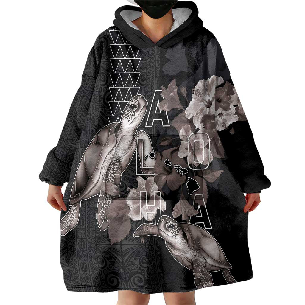 Hawaii Aloha Turtle Hibiscus and Leaves Wearable Blanket Hoodie with Polynesian and Kakau Tattoos Black Color LT03 - Polynesian Pride