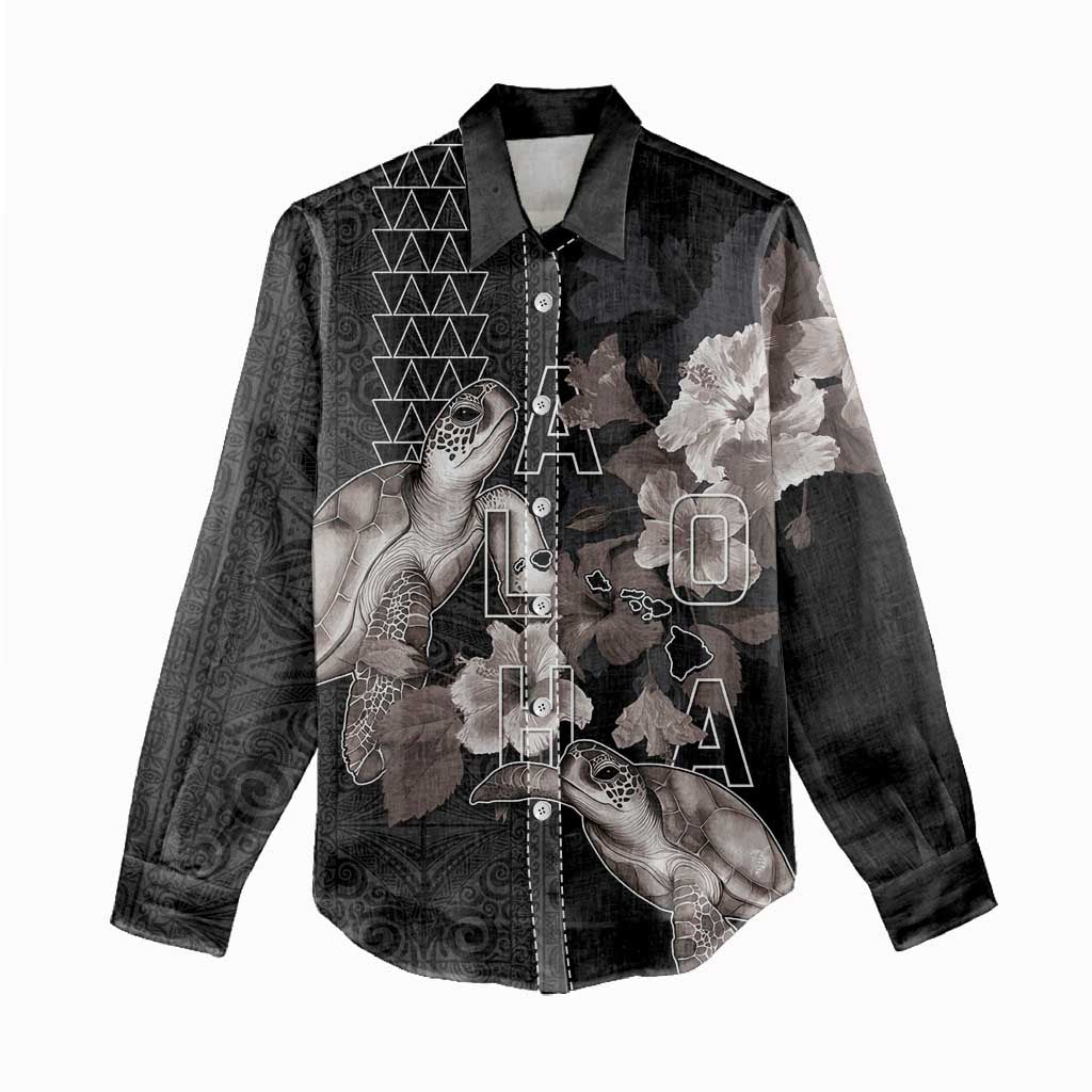 Hawaii Aloha Turtle Hibiscus and Leaves Women Casual Shirt with Polynesian and Kakau Tattoos Black Color LT03 - Polynesian Pride