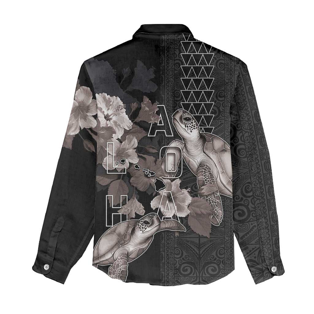 Hawaii Aloha Turtle Hibiscus and Leaves Women Casual Shirt with Polynesian and Kakau Tattoos Black Color LT03 - Polynesian Pride