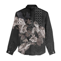 Hawaii Aloha Turtle Hibiscus and Leaves Women Casual Shirt with Polynesian and Kakau Tattoos Black Color LT03 - Polynesian Pride