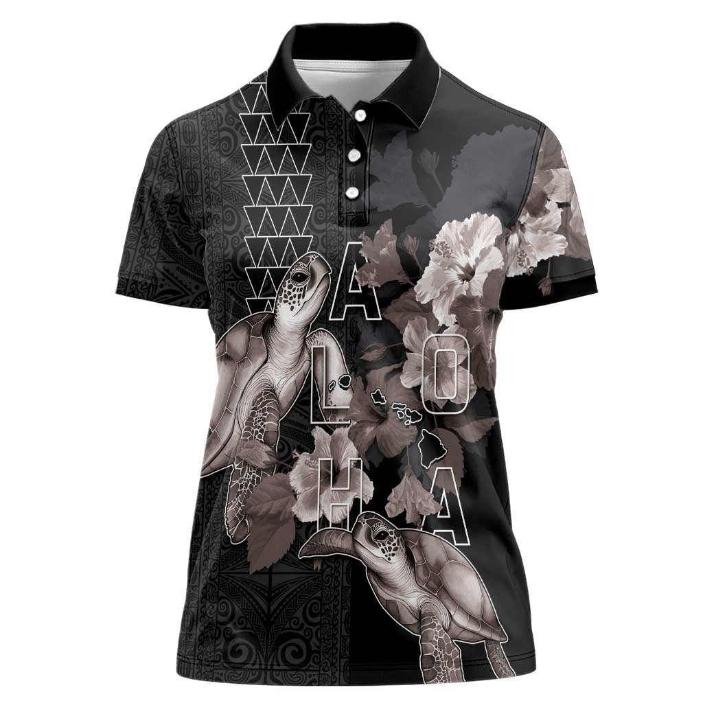 Hawaii Aloha Turtle Hibiscus and Leaves Women Polo Shirt with Polynesian and Kakau Tattoos Black Color LT03 Female Black - Polynesian Pride