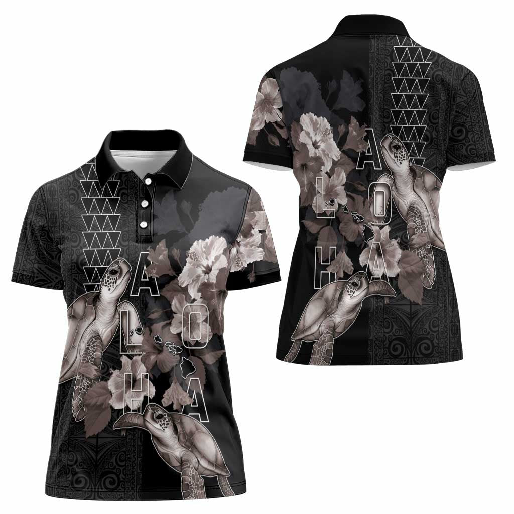 Hawaii Aloha Turtle Hibiscus and Leaves Women Polo Shirt with Polynesian and Kakau Tattoos Black Color LT03 - Polynesian Pride