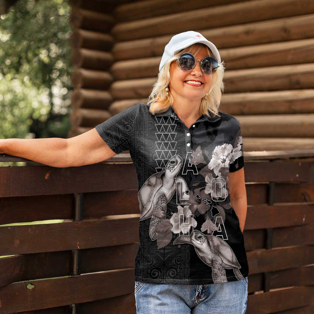 Hawaii Aloha Turtle Hibiscus and Leaves Women Polo Shirt with Polynesian and Kakau Tattoos Black Color LT03 - Polynesian Pride