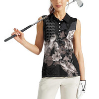 Hawaii Aloha Turtle Hibiscus and Leaves Women Sleeveless Polo Shirt with Polynesian and Kakau Tattoos Black Color LT03 - Polynesian Pride