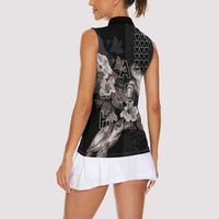 Hawaii Aloha Turtle Hibiscus and Leaves Women Sleeveless Polo Shirt with Polynesian and Kakau Tattoos Black Color LT03 - Polynesian Pride