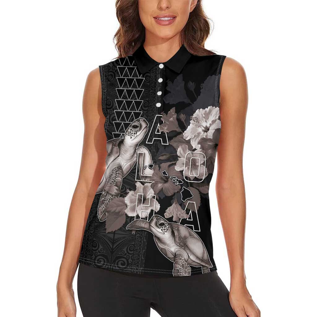 Hawaii Aloha Turtle Hibiscus and Leaves Women Sleeveless Polo Shirt with Polynesian and Kakau Tattoos Black Color LT03 - Polynesian Pride