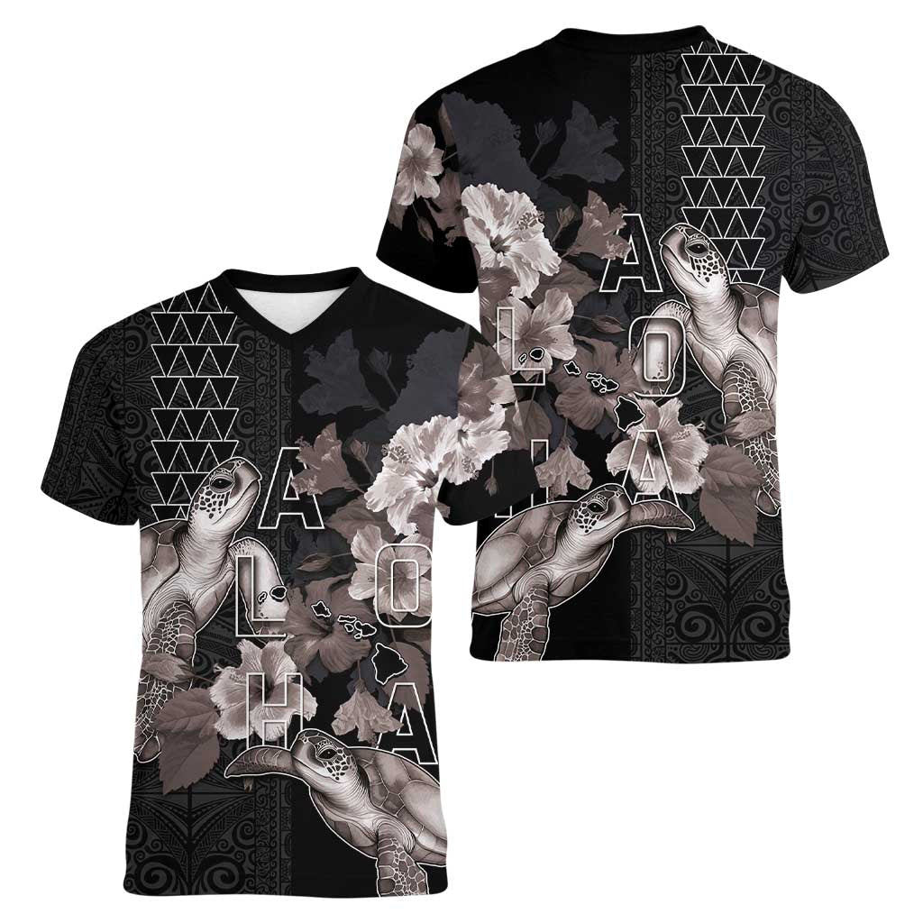 Hawaii Aloha Turtle Hibiscus and Leaves Women V-Neck T-Shirt with Polynesian and Kakau Tattoos Black Color - Polynesian Pride
