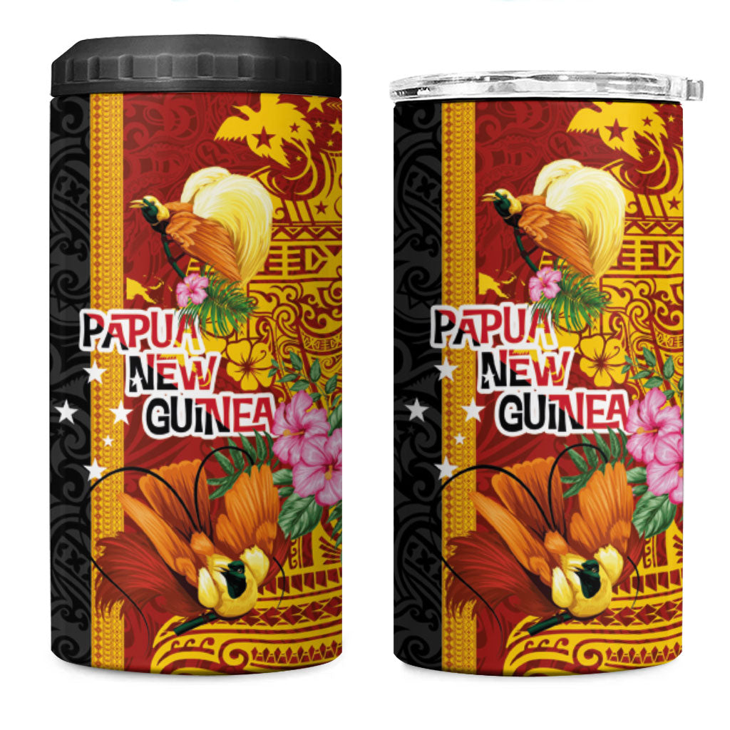 Papua New Guinea Independence Day 4 in 1 Can Cooler Tumbler Birds-of-Paradise Melanesian Tattoos Tropical Plants