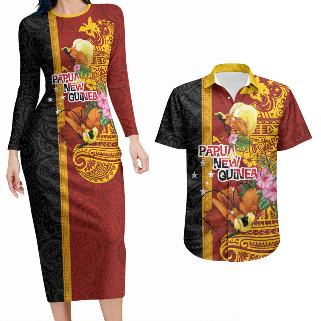Papua New Guinea Independence Day Couples Matching Long Sleeve Bodycon Dress and Hawaiian Shirt Birds-of-Paradise Melanesian Tattoos Tropical Plants LT03 Multicolor - Polynesian Pride