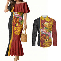 Papua New Guinea Independence Day Couples Matching Mermaid Dress and Long Sleeve Button Shirt Birds-of-Paradise Melanesian Tattoos Tropical Plants
