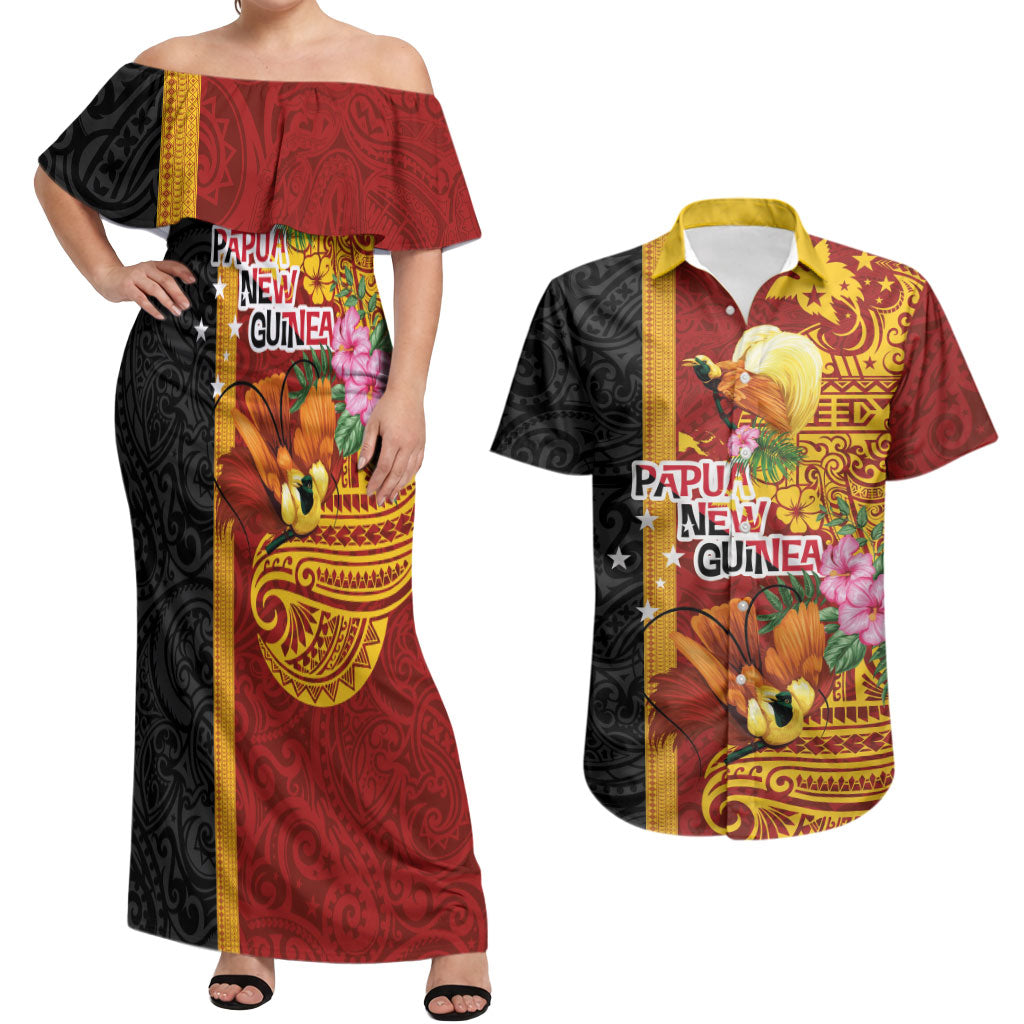 Papua New Guinea Independence Day Couples Matching Off Shoulder Maxi Dress and Hawaiian Shirt Birds-of-Paradise Melanesian Tattoos Tropical Plants