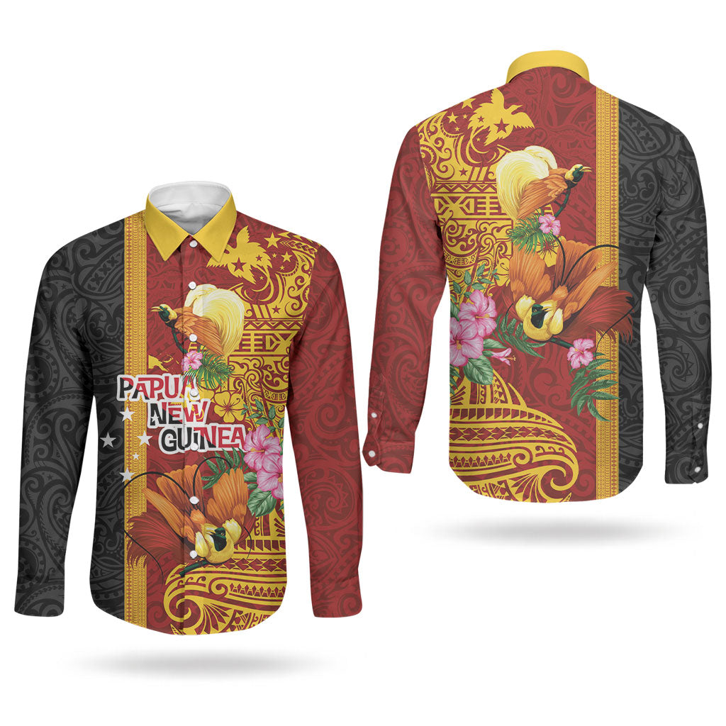 Papua New Guinea Independence Day Couples Matching Off Shoulder Maxi Dress and Long Sleeve Button Shirt Birds-of-Paradise Melanesian Tattoos Tropical Plants