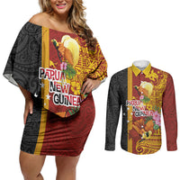 Papua New Guinea Independence Day Couples Matching Off Shoulder Short Dress and Long Sleeve Button Shirt Birds-of-Paradise Melanesian Tattoos Tropical Plants