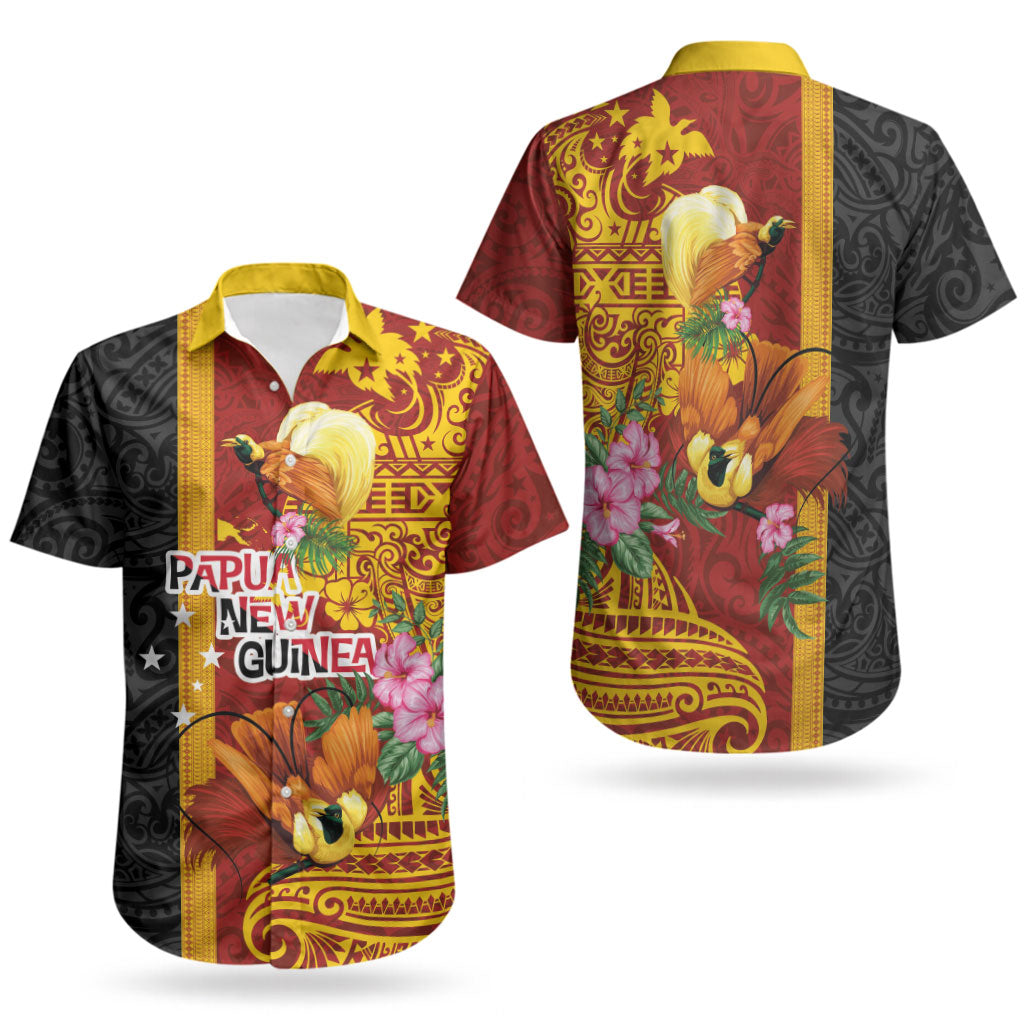 Papua New Guinea Independence Day Couples Matching Off The Shoulder Long Sleeve Dress and Hawaiian Shirt Birds-of-Paradise Melanesian Tattoos Tropical Plants