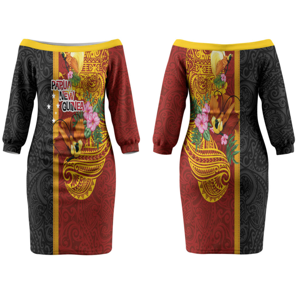 Papua New Guinea Independence Day Couples Matching Off The Shoulder Long Sleeve Dress and Long Sleeve Button Shirt Birds-of-Paradise Melanesian Tattoos Tropical Plants