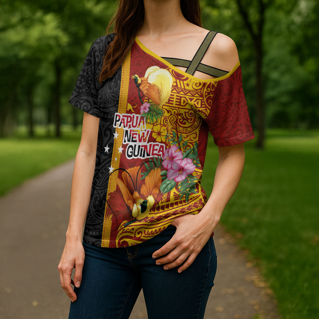 Papua New Guinea Independence Day Cross Shoulder Shirt Birds-of-Paradise Melanesian Tattoos Tropical Plants