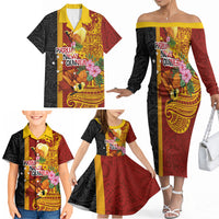 Papua New Guinea Independence Day Family Matching Off The Shoulder Long Sleeve Dress and Hawaiian Shirt Birds-of-Paradise Melanesian Tattoos Tropical Plants