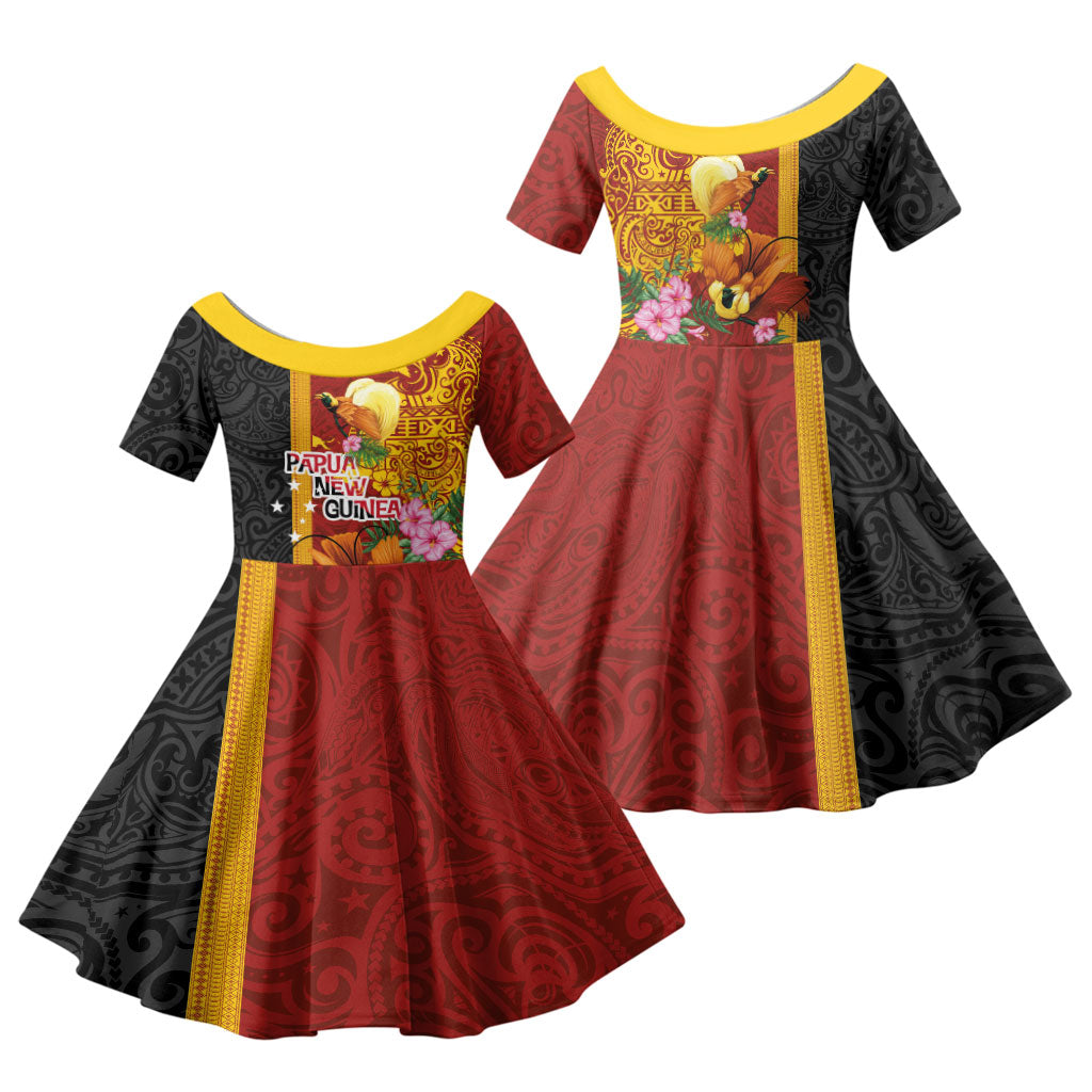 Papua New Guinea Independence Day Family Matching Off Shoulder Short Dress and Hawaiian Shirt Birds-of-Paradise Melanesian Tattoos Tropical Plants
