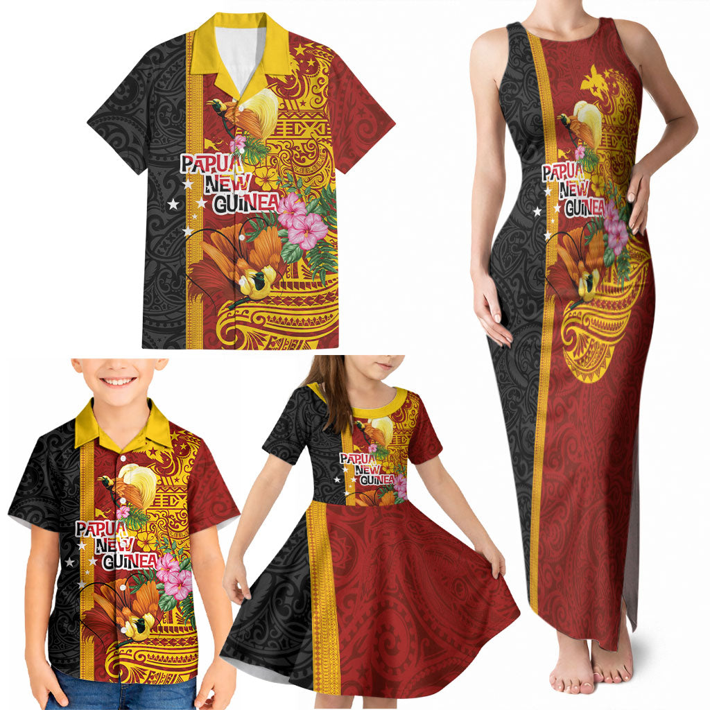Papua New Guinea Independence Day Family Matching Tank Maxi Dress and Hawaiian Shirt Birds-of-Paradise Melanesian Tattoos Tropical Plants