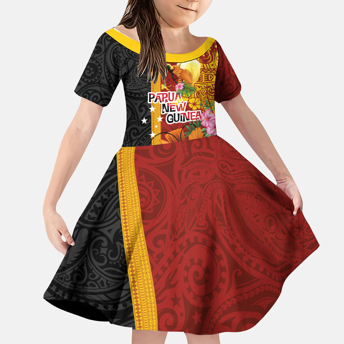 Papua New Guinea Independence Day Kid Short Sleeve Dress Birds-of-Paradise Melanesian Tattoos Tropical Plants