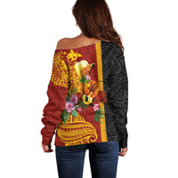 Papua New Guinea Independence Day Off Shoulder Sweater Birds-of-Paradise Melanesian Tattoos Tropical Plants