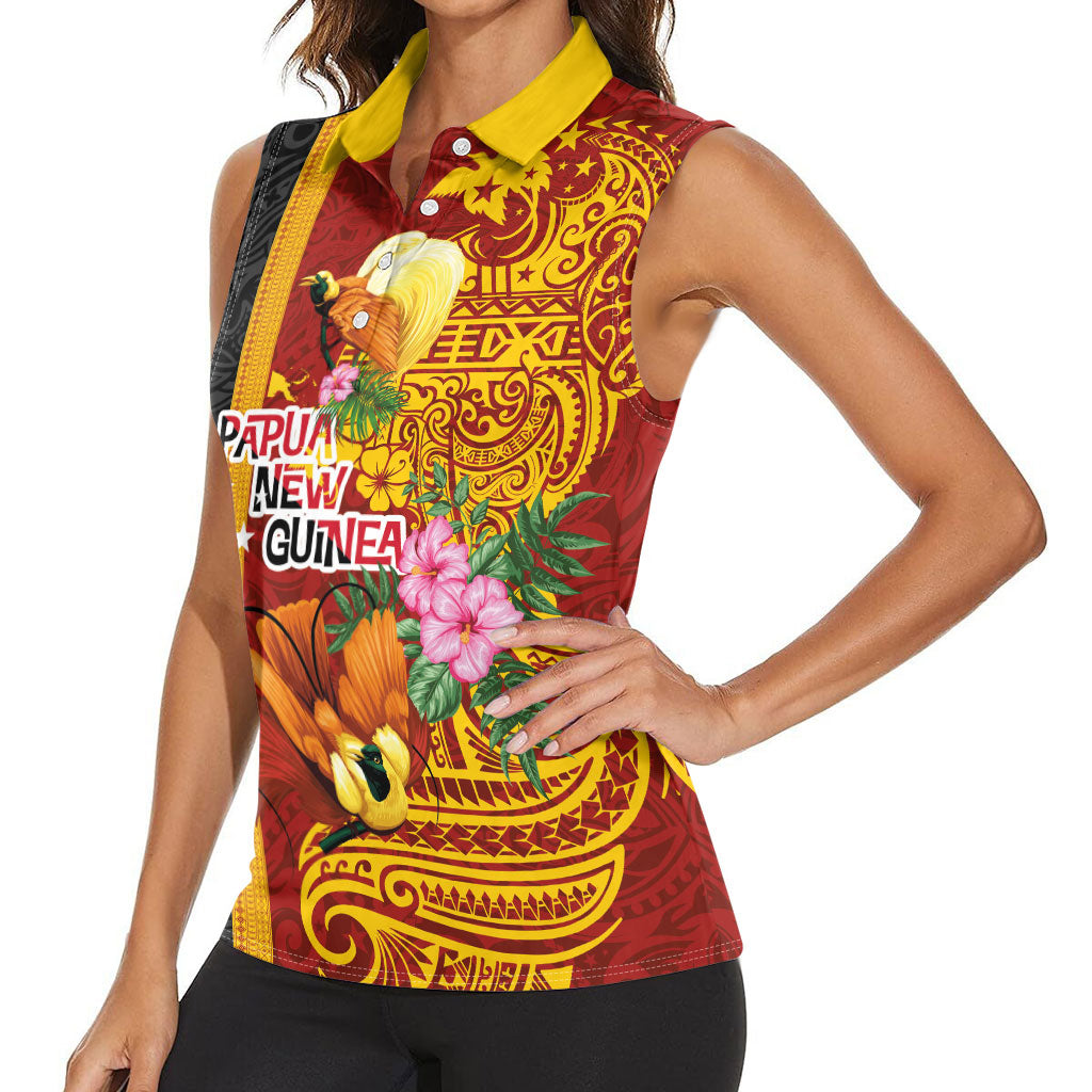 Papua New Guinea Independence Day Women Sleeveless Polo Shirt Birds-of-Paradise Melanesian Tattoos Tropical Plants