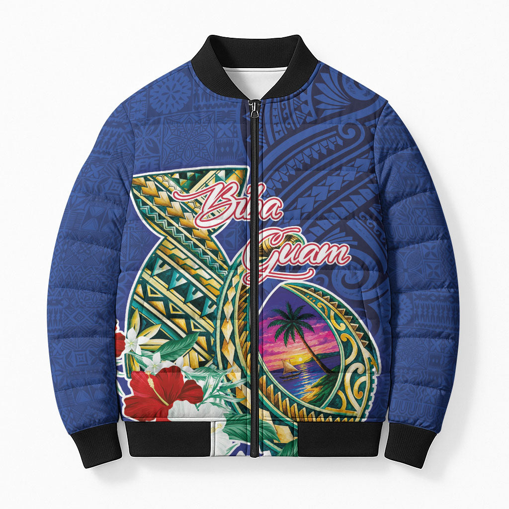 Guam Chamorro Bomber Puffer Jacket Tribal Latte Stone and Seal Artwork Polynesian Patterns