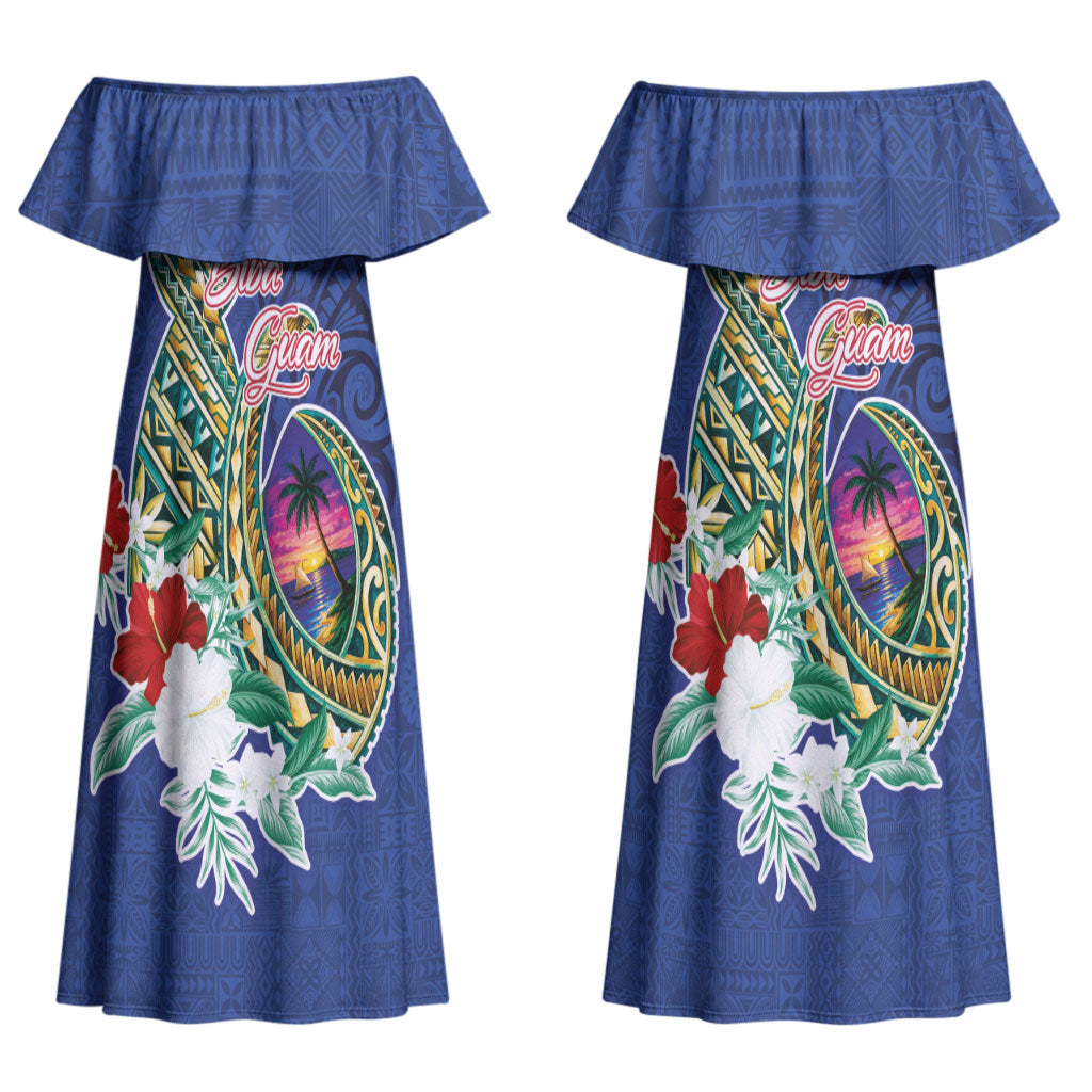 Guam Chamorro Couples Matching Off Shoulder Maxi Dress and Long Sleeve Button Shirt Tribal Latte Stone and Seal Artwork Polynesian Patterns