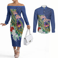 Guam Chamorro Couples Matching Off The Shoulder Long Sleeve Dress and Long Sleeve Button Shirt Tribal Latte Stone and Seal Artwork Polynesian Patterns