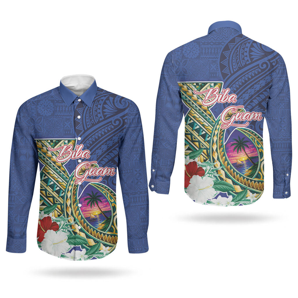 Guam Chamorro Couples Matching Off The Shoulder Long Sleeve Dress and Long Sleeve Button Shirt Tribal Latte Stone and Seal Artwork Polynesian Patterns