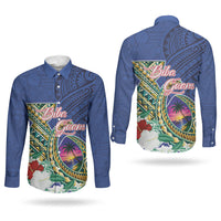 Guam Chamorro Couples Matching Off The Shoulder Long Sleeve Dress and Long Sleeve Button Shirt Tribal Latte Stone and Seal Artwork Polynesian Patterns