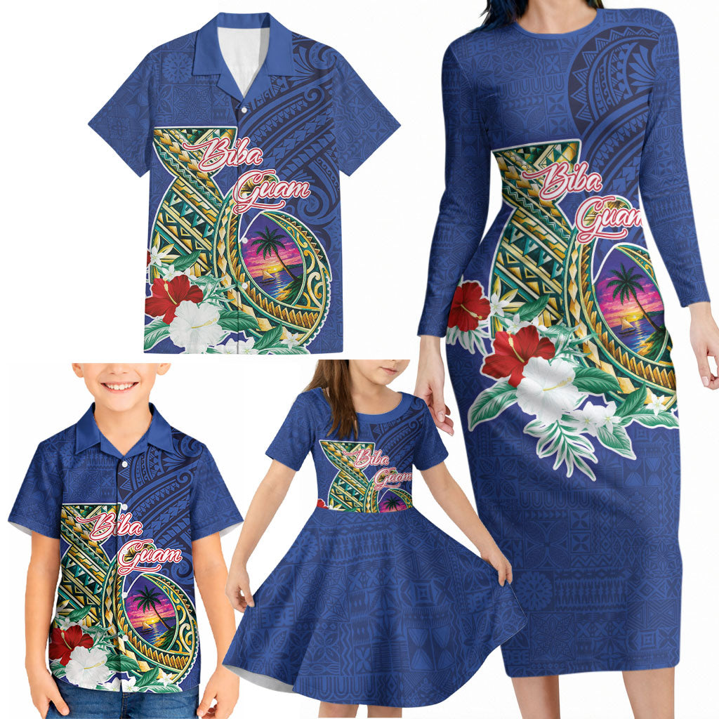 Guam Chamorro Family Matching Long Sleeve Bodycon Dress and Hawaiian Shirt Tribal Latte Stone and Seal Artwork Polynesian Patterns