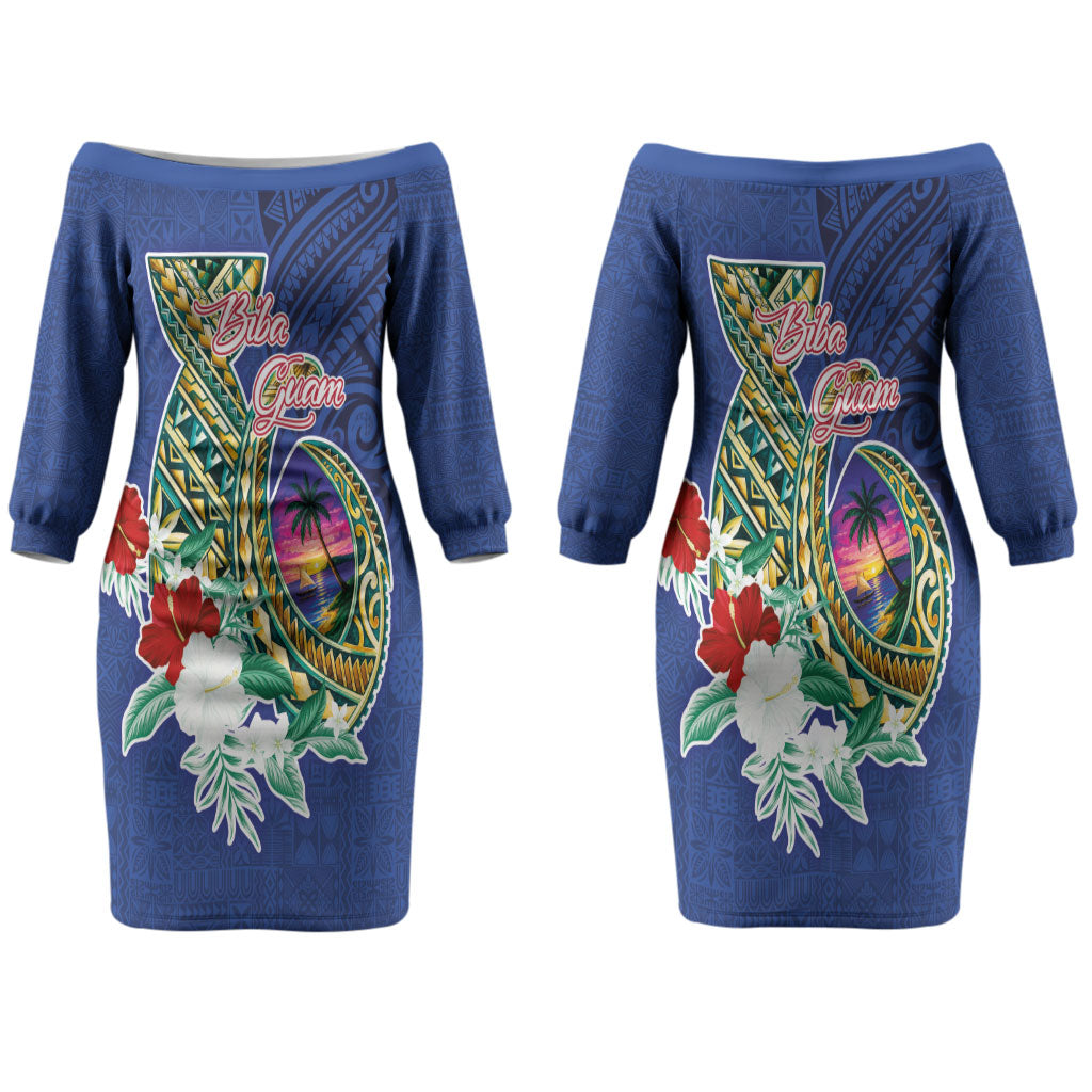Guam Chamorro Family Matching Off The Shoulder Long Sleeve Dress and Hawaiian Shirt Tribal Latte Stone and Seal Artwork Polynesian Patterns