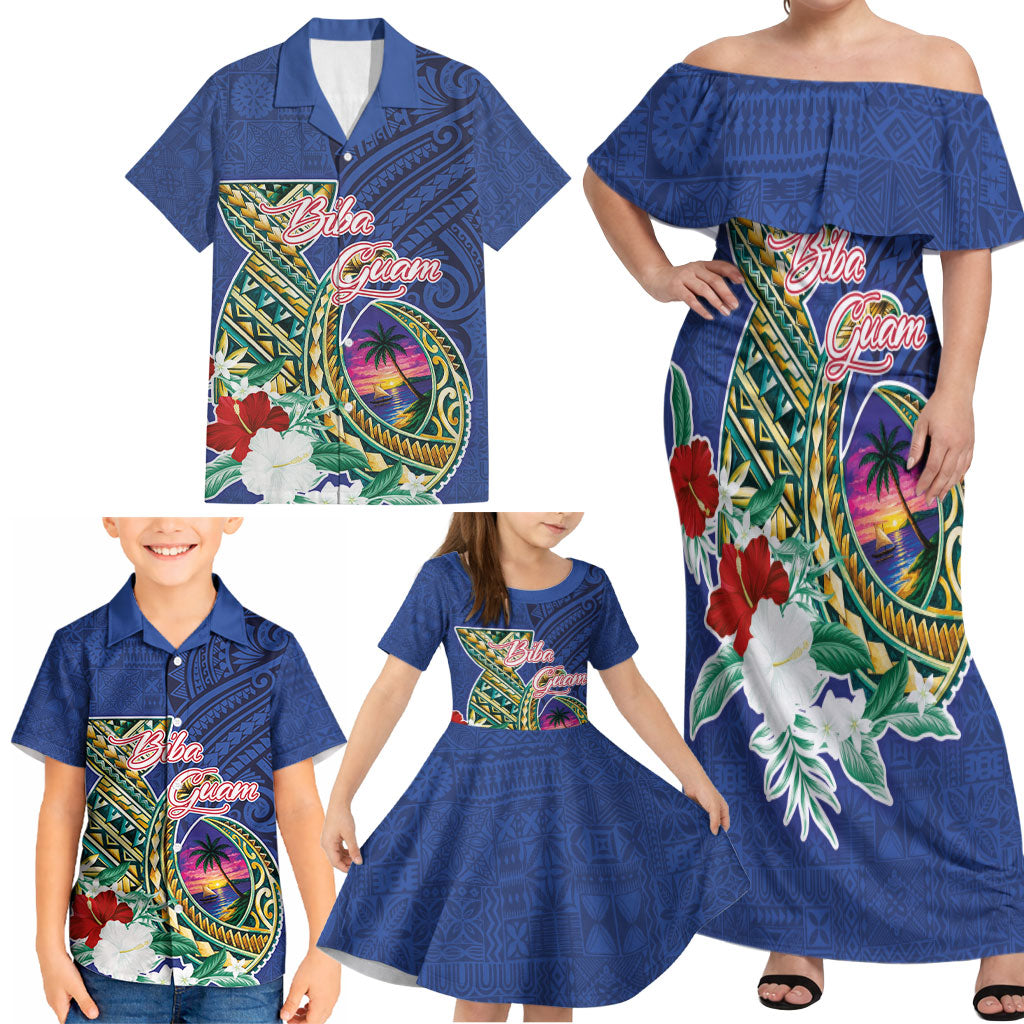 Guam Chamorro Family Matching Off Shoulder Maxi Dress and Hawaiian Shirt Tribal Latte Stone and Seal Artwork Polynesian Patterns