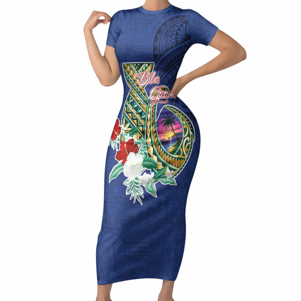 Guam Chamorro Short Sleeve Bodycon Dress Tribal Latte Stone and Seal Artwork Polynesian Patterns LT03 Long Dress Multicolor - Polynesian Pride