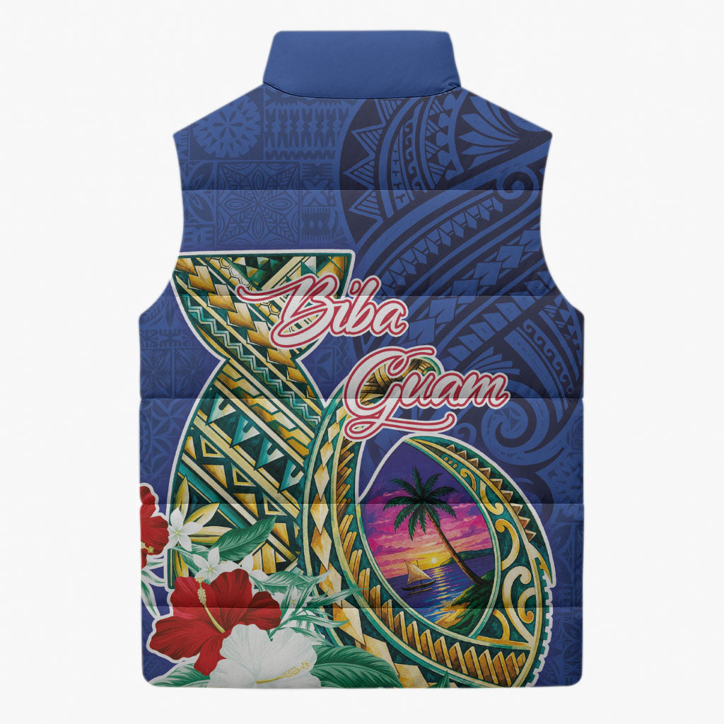 Guam Chamorro Sleeveless Puffer Jacket Tribal Latte Stone and Seal Artwork Polynesian Patterns