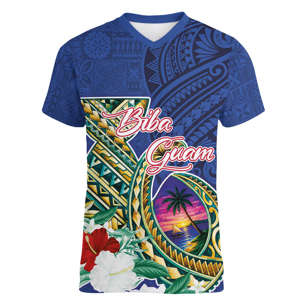 Guam Chamorro Women V-Neck T-Shirt Tribal Latte Stone and Seal Artwork Polynesian Patterns LT03 Female Multicolor - Polynesian Pride