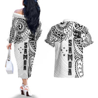 Samoa 685 Art Traditional Tattoo Pattern Couples Matching Off The Shoulder Long Sleeve Dress and Hawaiian Shirt White Color