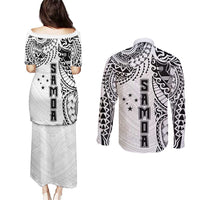 Samoa 685 Art Traditional Tattoo Pattern Couples Matching Puletasi and Long Sleeve Button Shirt White Color